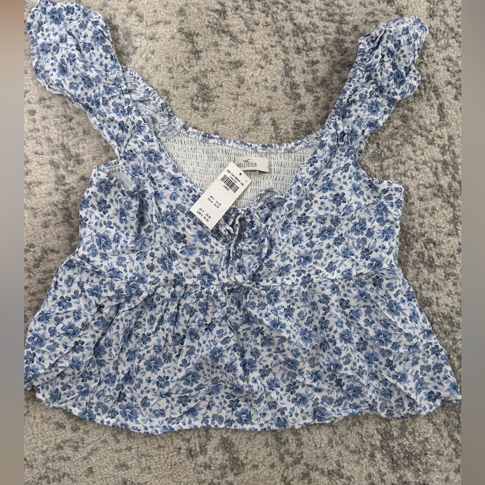 Hollister White Tank Top with Blue Floral Print and Tie Front